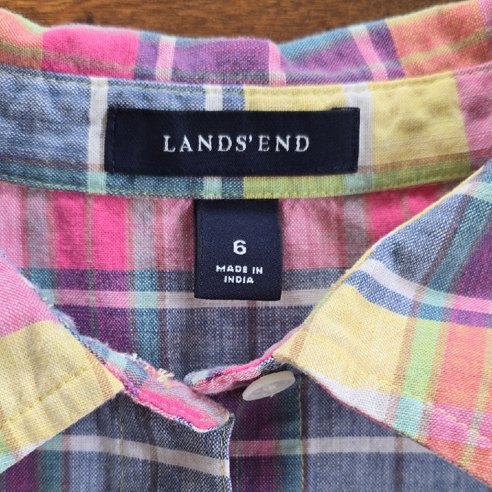 Lands' End Pastel Plaid Button‑Front Midi Dress — Pink, Yellow, Blue - Picture 2 of 7